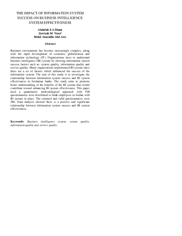 (PDF) THE IMPACT OF INFORMATION SYSTEM SUCCESS ON BUSINESS INTELLIGENCE ...