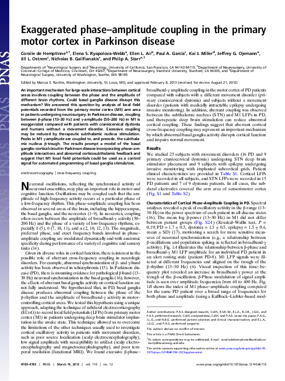 (PDF) Exaggerated phase-amplitude coupling in the primary motor cortex ...