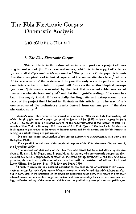 (PDF) The Ebla Electronic Corpus: Onomastic Analysis