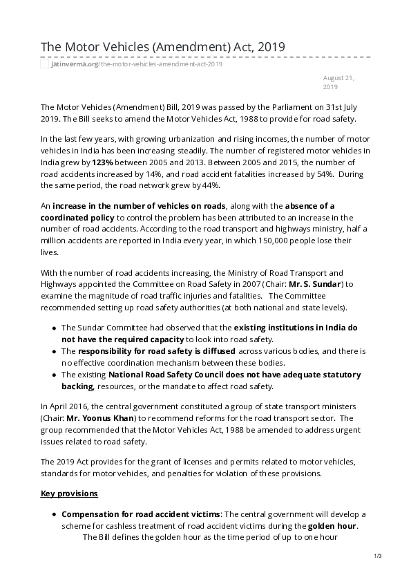 (PDF) The Motor Vehicles (Amendment) Act, 2019 Jatin Verma Academia.edu