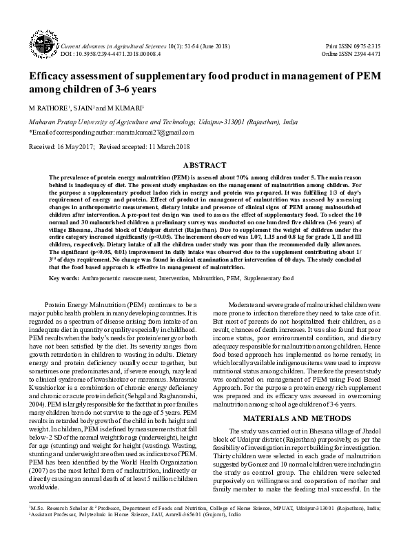 (PDF) Efficacy assessment of supplementary food product in management