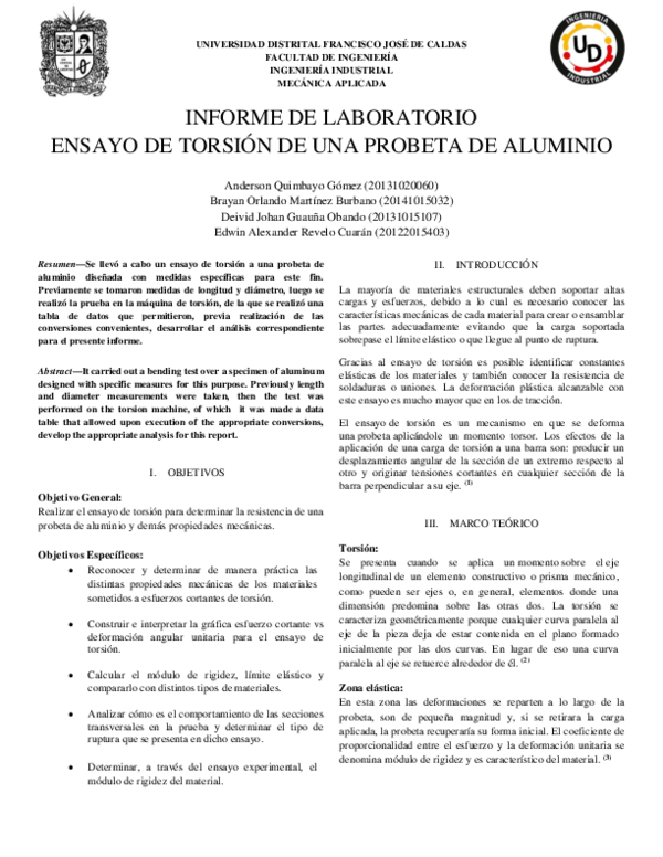 (DOC) INFORME DE LABORATORIO ENSAYO DE TORSIÓN DE UNA PROBETA DE ALUMINIO