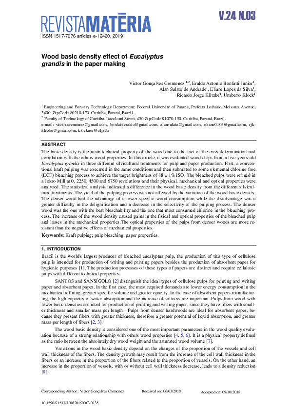 (PDF) Wood basic density effect of Eucalyptus grandis in the paper making