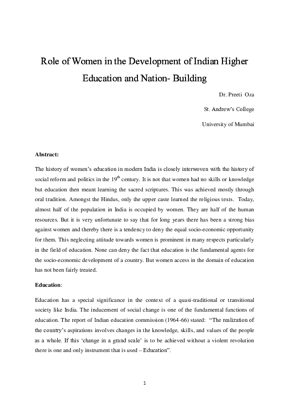 (PDF) Role of Women in the Development of Indian Higher Education and ...