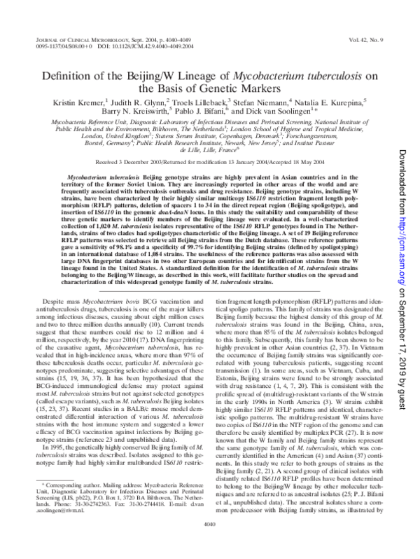 (PDF) Definition of the Beijing/W Lineage of Mycobacterium tuberculosis ...