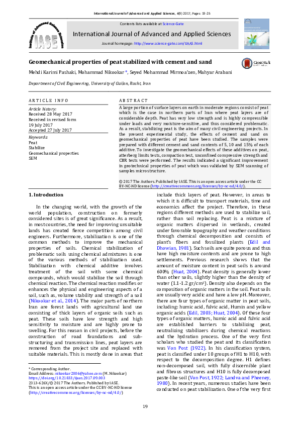 (PDF) Geomechanical properties of peat stabilized with cement and sand