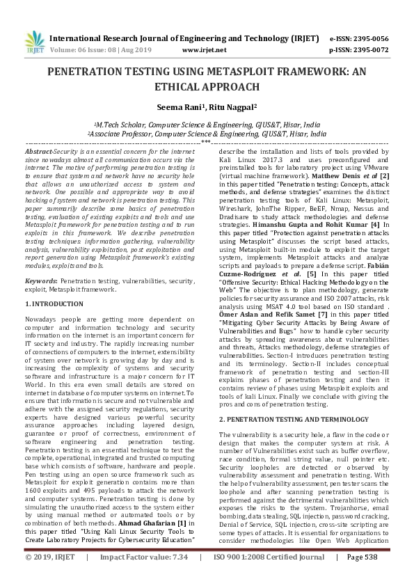 (PDF) IRJET- PENETRATION TESTING USING METASPLOIT FRAMEWORK: AN ETHICAL ...