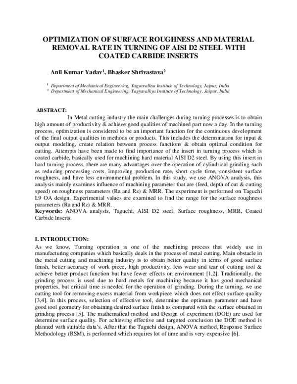 (DOC) OPTIMIZATION OF SURFACE ROUGHNESS IN AISI D2 STEEL