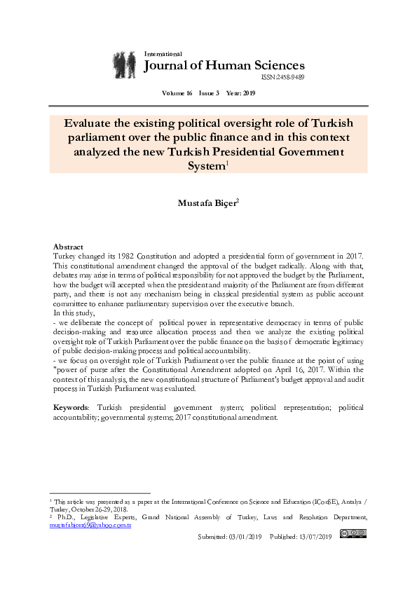 (PDF) Evaluate the existing political oversight role of Turkish ...