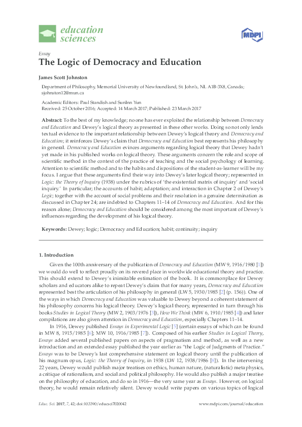 (PDF) The Logic of Democracy and Education | James Scott Johnston ...