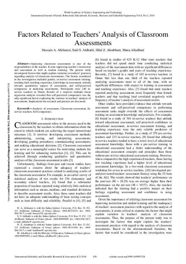 (PDF) Factors related to teachers analysis of classroom assessments
