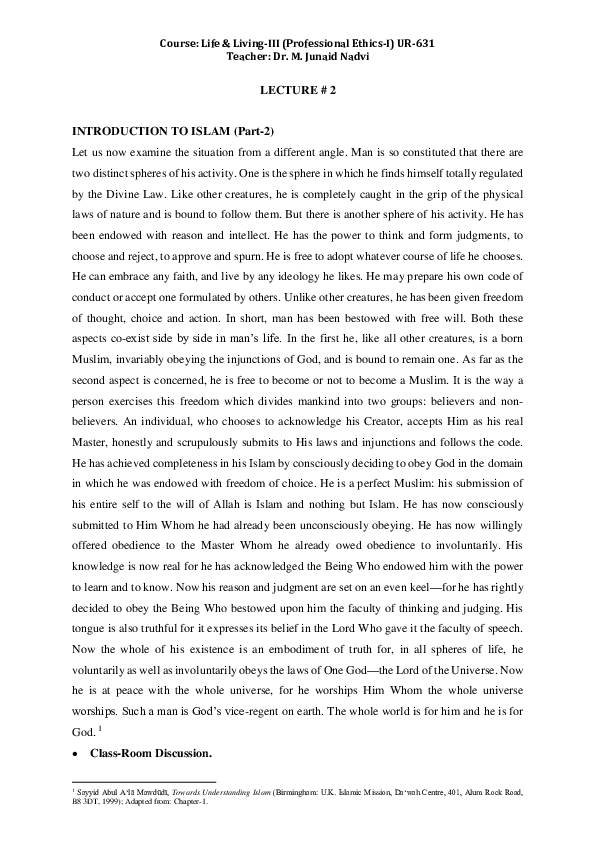 (PDF) LECTURE # 2 INTRODUCTION TO ISLAM (Part-2