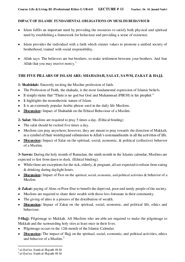 (PDF) LECTURE # 11 IMPACT OF ISLAMIC FUNDAMENTAL OBLIGATIONS ON MUSLIM ...