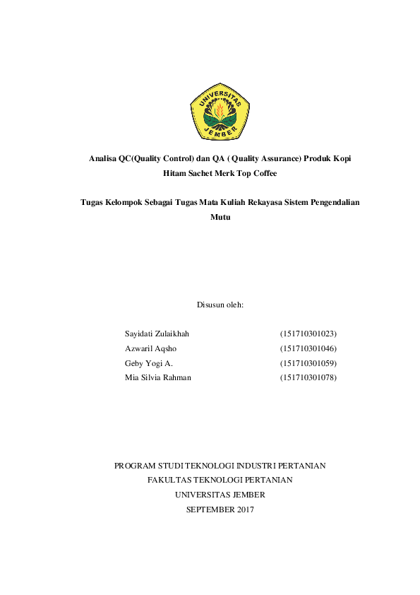 Pdf Analisa Qc Quality Control Dan Qa Quality Assurance Produk Kopi Hitam Sachet Merk Top Coffee Sayidati Zulaikhah Academia Edu