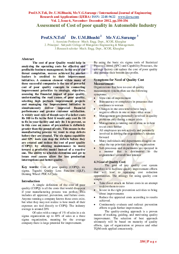 (PDF) Assessment of Cost of poor quality in Automobile Industry Islam