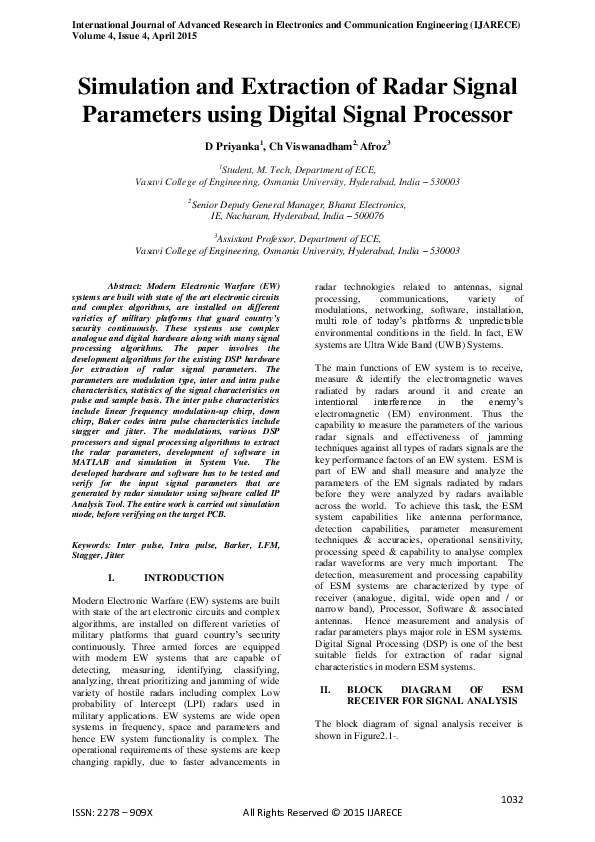 (PDF) Simulation and Extraction of Radar Signal Parameters using Digital Signal Processor