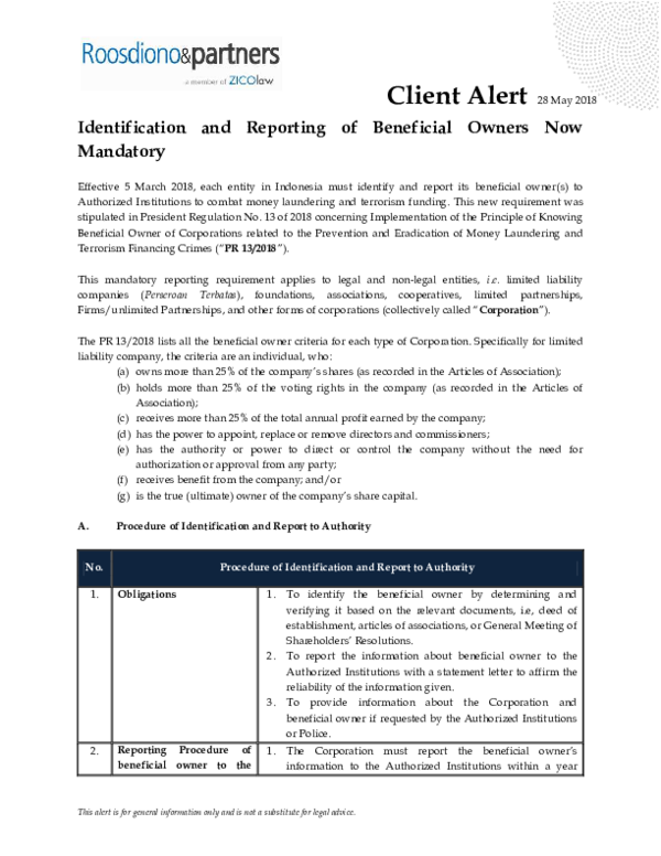 (PDF) Identification and Reporting of Beneficial Owners Now Mandatory