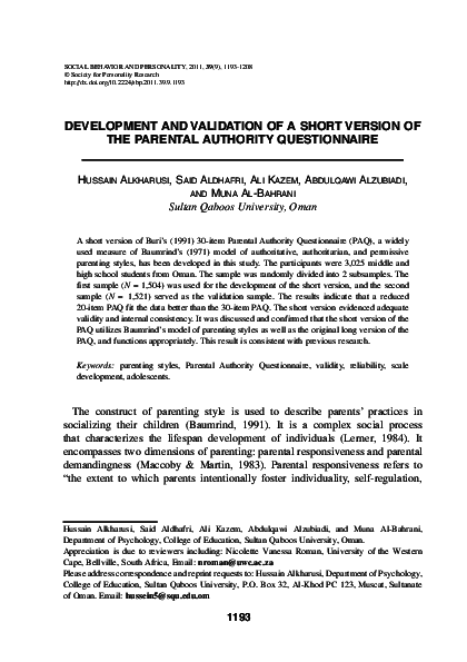 (PDF) DEVELOPMENT AND VALIDATION OF A SHORT VERSION OF THE PARENTAL ...