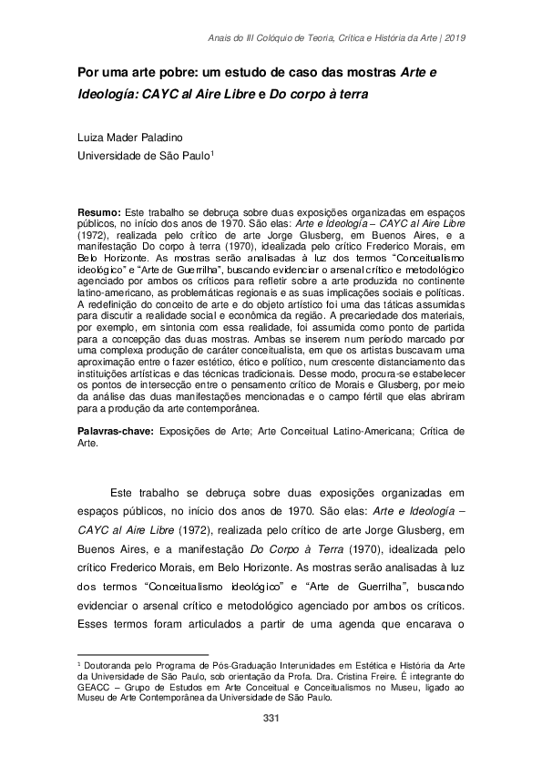 (PDF) Por uma arte pobre um estudo de caso das mostras Arte e Ideología CAYC al Aire Libre e