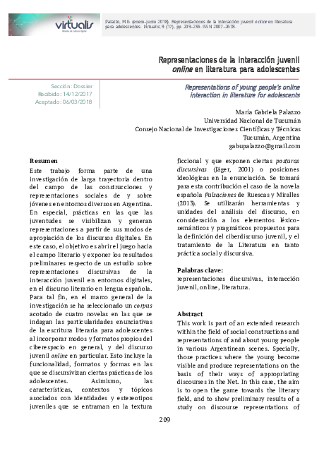 PDF) Representaciones de la interacción juvenil online en literatura para  adolescentes | Gabriela Palazzo - Academia.edu