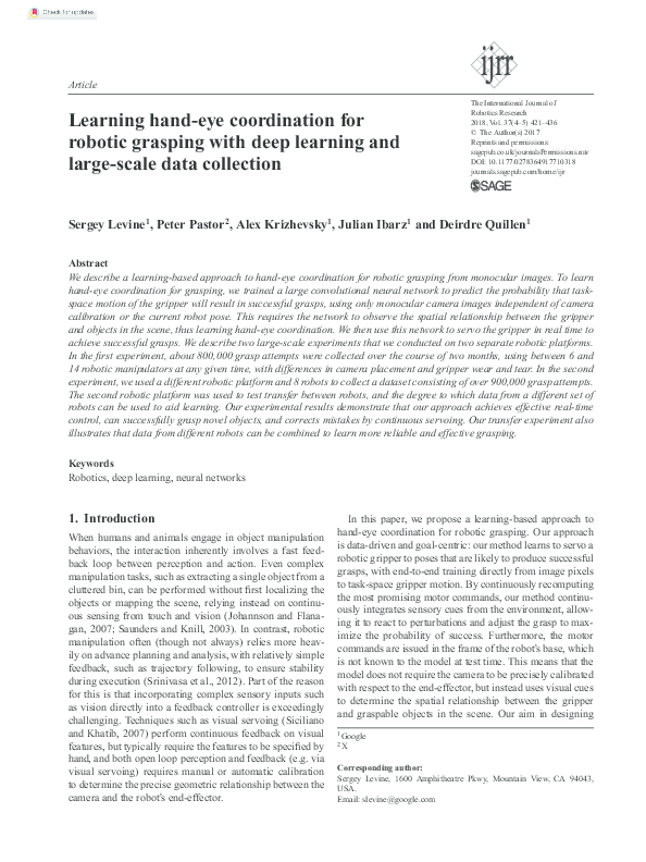 (PDF) Learning hand-eye coordination for robotic grasping with deep ...