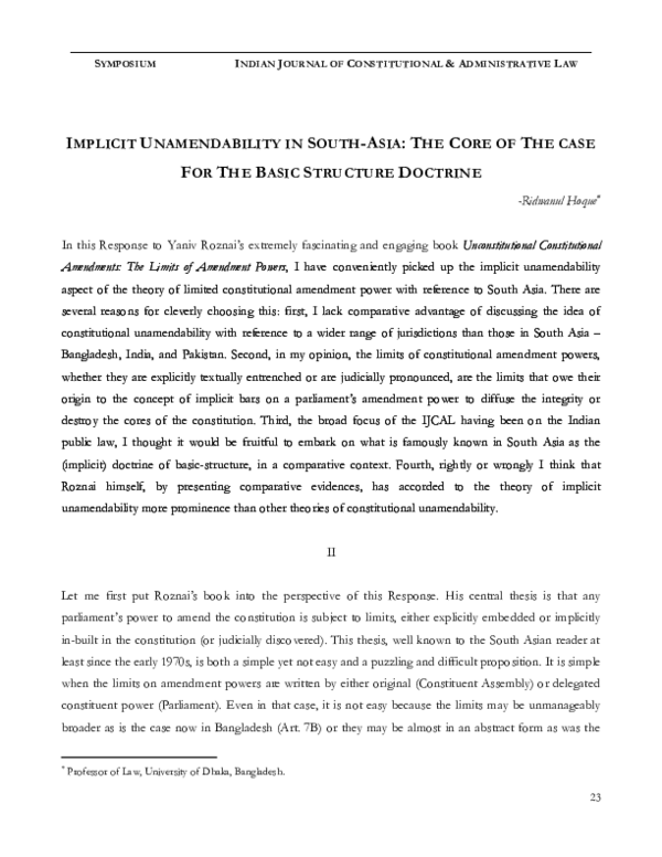 (PDF) IMPLICIT UNAMENDABILITY IN SOUTH-ASIA: THE CORE OF THE CASE FOR ...