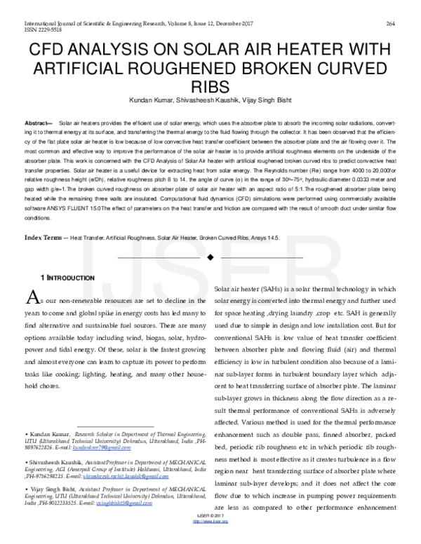 (PDF) CFD ANALYSIS ON SOLAR AIR HEATER WITH ARTIFICIAL ROUGHENED BROKEN ...