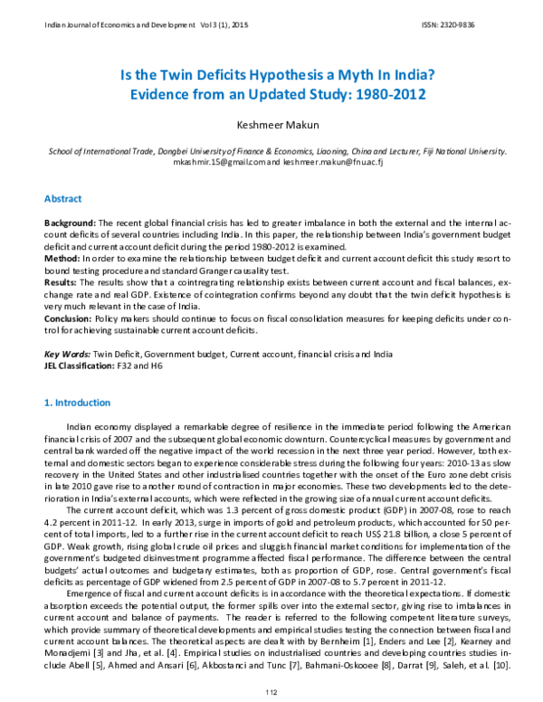 (PDF) Is the Twin Deficits Hypothesis a Myth In India? Evidence from an ...