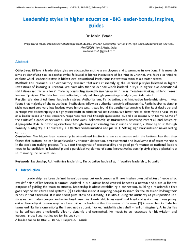 (PDF) Leadership styles in higher education - BIG leader-bonds ...