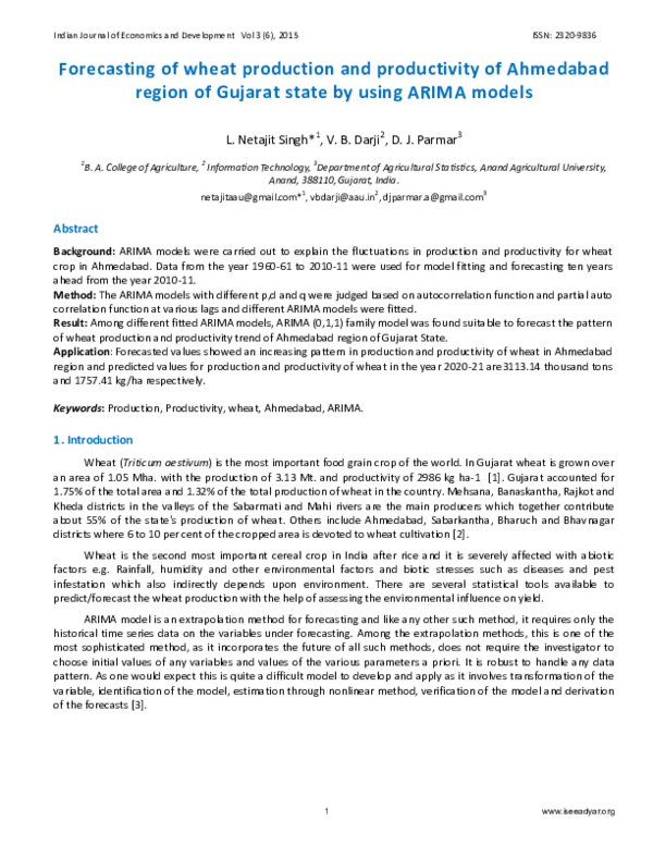 (PDF) Forecasting of wheat production and productivity of Ahmedabad ...