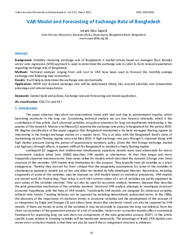 (PDF) VAR Model and Forecasting of Exchange Rate of Bangladesh