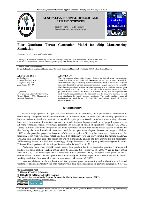 (PDF) Four Quadrant Thrust Generation Model for Ship Manoeuvring Simulation