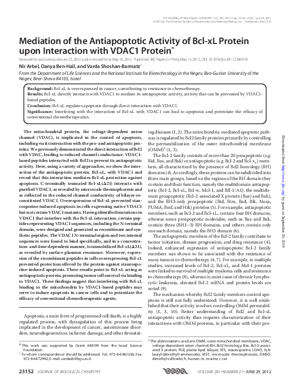 (PDF) Mediation of the Antiapoptotic Activity of Bcl-xL Protein upon ...