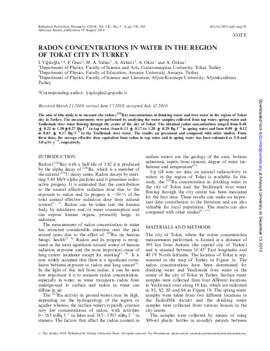 First page of “RADON CONCENTRATIONS IN WATER IN THE REGION OF TOKAT CITY IN TURKEY”