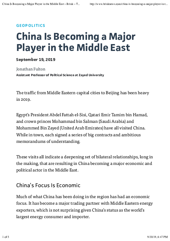 (PDF) China Is Becoming a Major Player in the Middle East