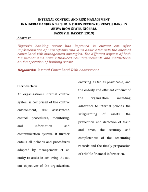 (PDF) INTERNAL CONTROL AND RISK MANAGEMENT IN NIGERIA BANKING SECTOR: A ...