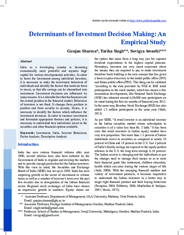 Pdf Determinants Of Investment Decision Making An Empirical Study Pdf Determinants Of Investment Decision Making An Empirical Study