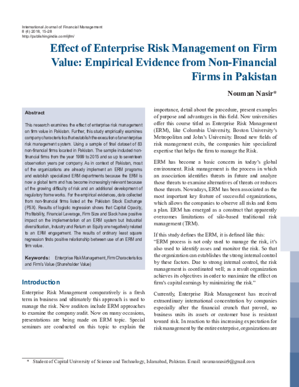 (PDF) Effect of Enterprise Risk Management on Firm Value: Empirical ...