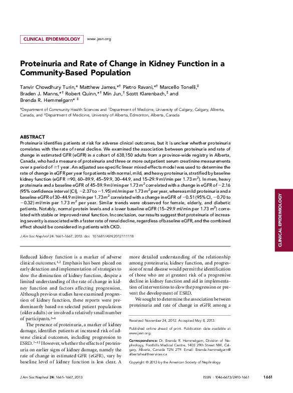 (PDF) Proteinuria and Rate of Change in Kidney Function in a CommunityBased Population Tanvir