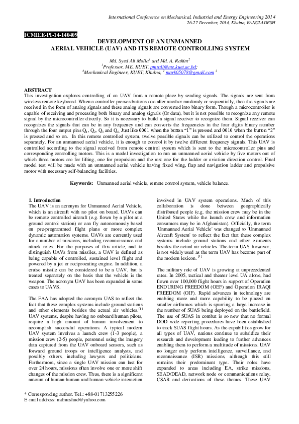 (PDF) DEVELOPMENT OF AN UNMANNED AERIAL VEHICLE (UAV) AND ITS REMOTE ...