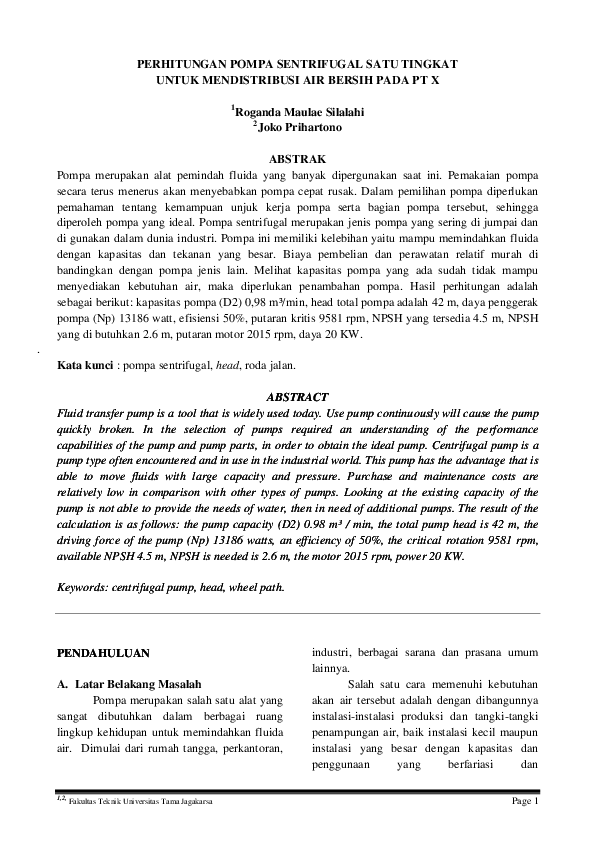 Pdf Perhitungan Pompa Sentrifugal Satu Tingkat Untuk Mendistribusi Air Bersih Pada Pt X Yans Key Academia Edu