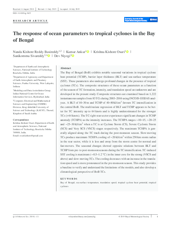 (PDF) The response of ocean parameters to tropical cyclones in the Bay ...