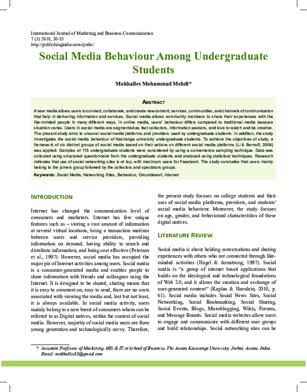 (PDF) Social Media Behaviour Among Undergraduate Students