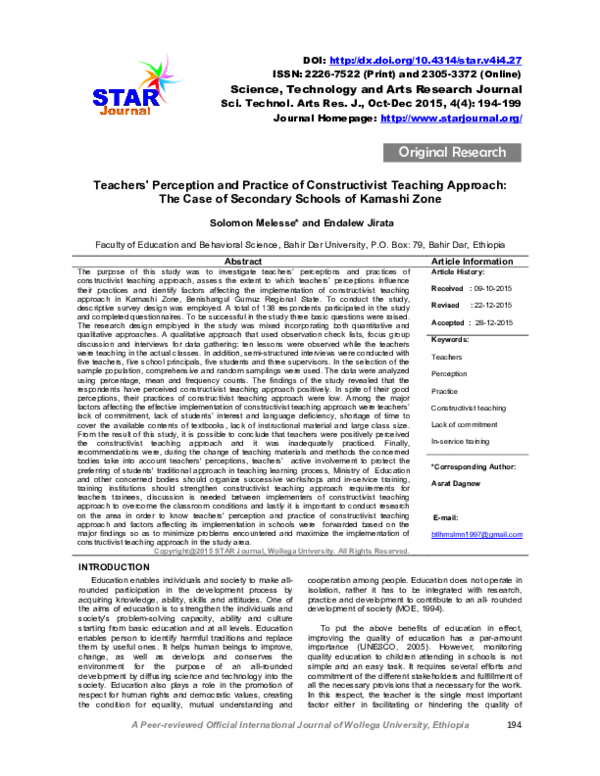 (PDF) Teachers' Perception and Practice of Constructivist Teaching ...