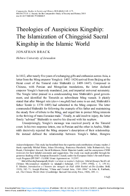 Theologies of Auspicious Kingship: The Islamization of Chinggisid Sacral Kingship in the Islamic World