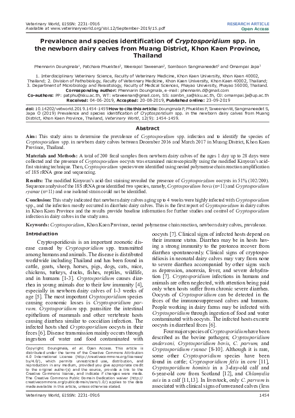(PDF) Prevalence and species identification of Cryptosporidium spp. in ...