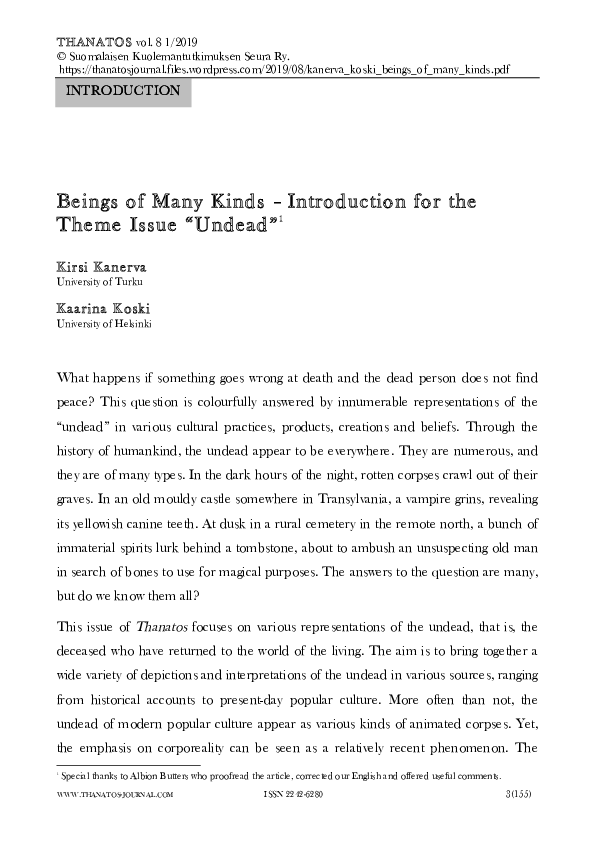 Beings of Many Kinds – Introduction for the Theme Issue ”Undead”