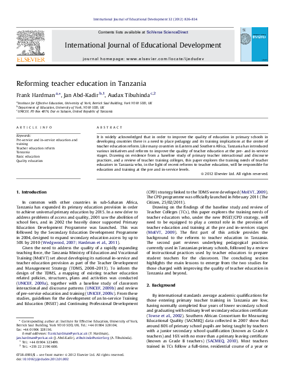 (PDF) Reforming teacher education in Tanzania