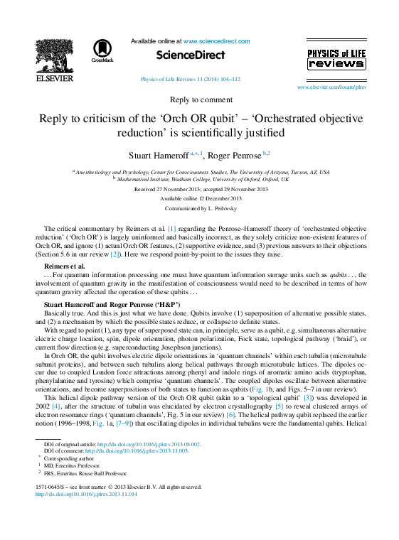 (PDF) Reply to criticism of the 'Orch OR qubit' -'Orchestrated ...