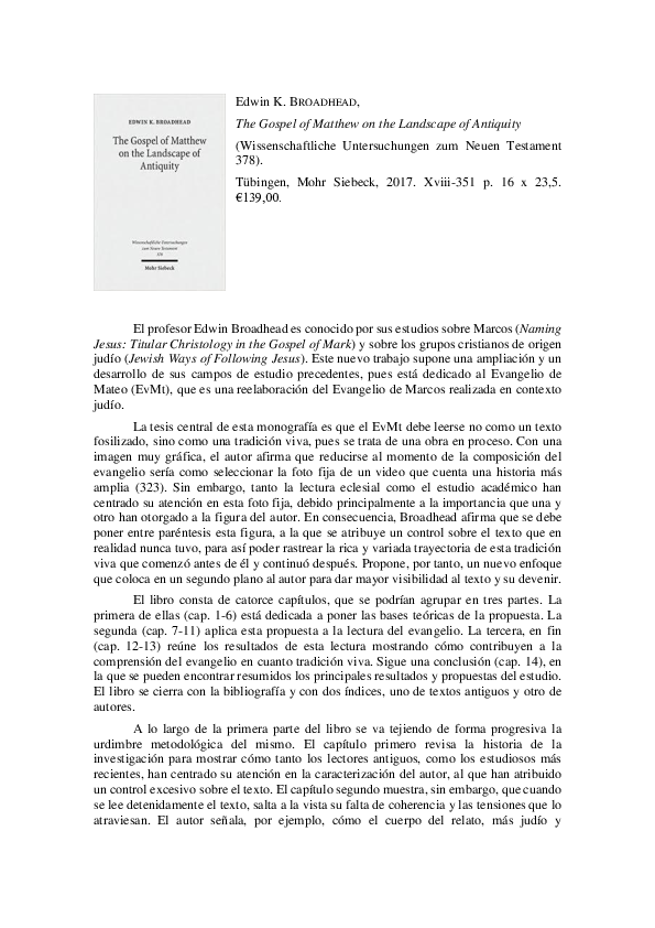 (PDF) Edwin K. Broadhead, The Gospel of Matthew on the Landscape of ...